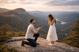 He found the perfect engagement ring at Sabyl's Fine Jewelry Greenville, SC and proposed to her in the mountains.